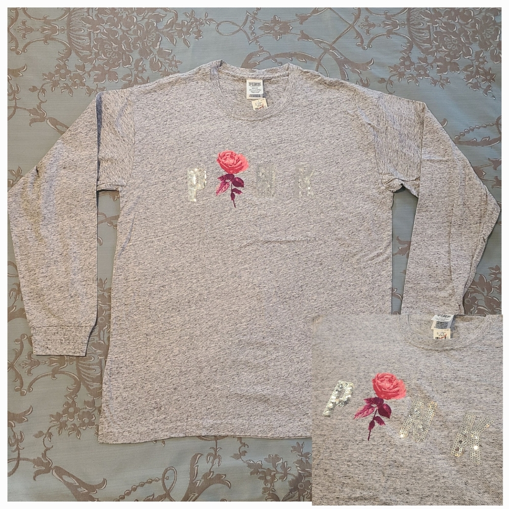 Victoria's Secret PINK Bling Long Sleeve Tee Heathered Gray Silver Pink Medium